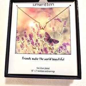 NIB Unwritten "Friends" Butterfly Necklace and Earrings Set Fine Silver Plated